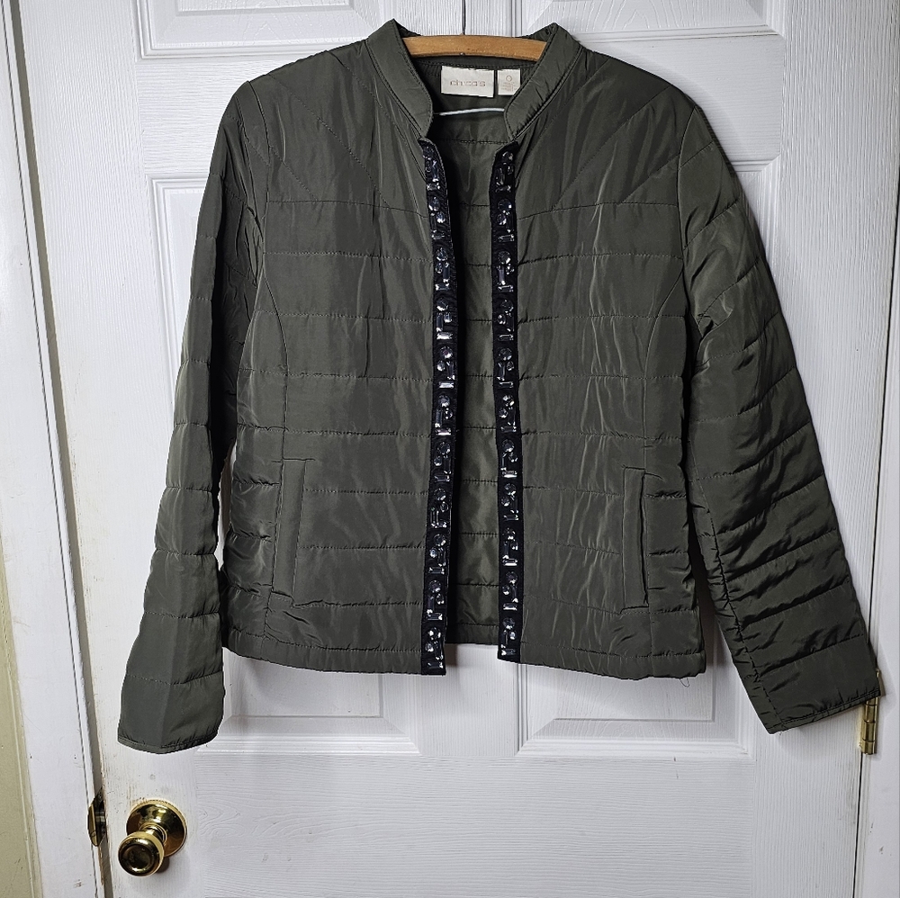 CHICO'S Olive Green Quilted Rhinestone Placket Puffer Short Jacket Size 0